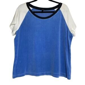 Escada Blue + White Velour Raglan Short Sleeve Y2K Top 44 Large